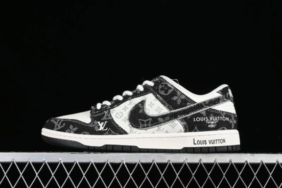 Nike SB Dunk Low LV Collaboration - Black Denim Print Anniversary Custom Low-Top Casual Sneakers - SJ2068-256