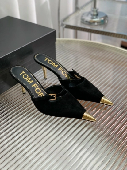 2025 Women TOM FORD Black Suede Leather Pointed Toe Metal Tip Mules