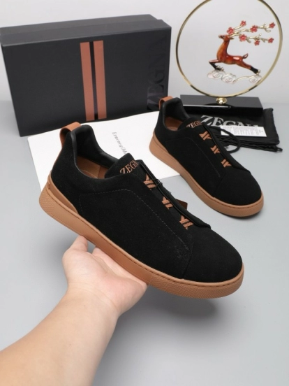 2024 Men Ermenegildo Zegna Black Brown Suede Leather Sneakers MJ00240
