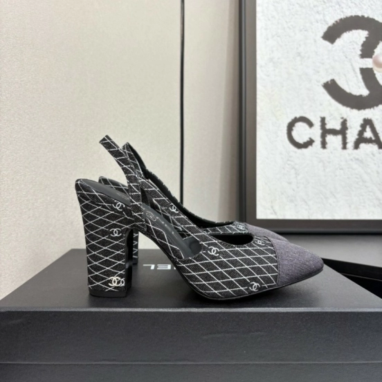 2025 Women Chanel Black Grey Fabric Slingback Heels LY00270