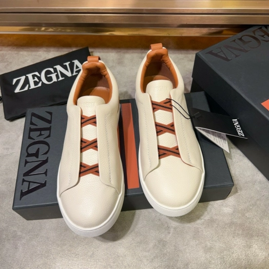 2024 Men Ermenegildo Zegna White Brown Calf Leather Pelletessuta Sneakers Elastic Detail MJ00280