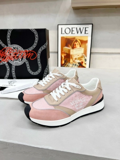 2025 Women VERSACE Pink Beige Suede Leather Sneakers Embroidery LY00320