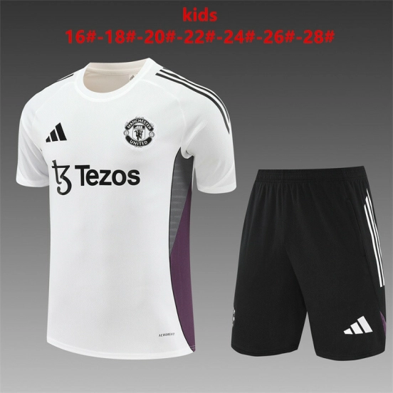 25/26 Kids Manchester United White Purple Short Sleeve+Soccer Shorts