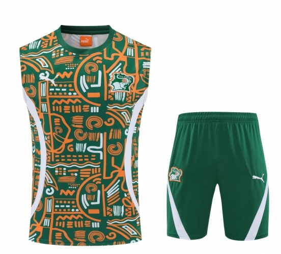 25/26 Côte d'Ivoire Green Tribal Print Sleeveless Training Vest +Shorts Set